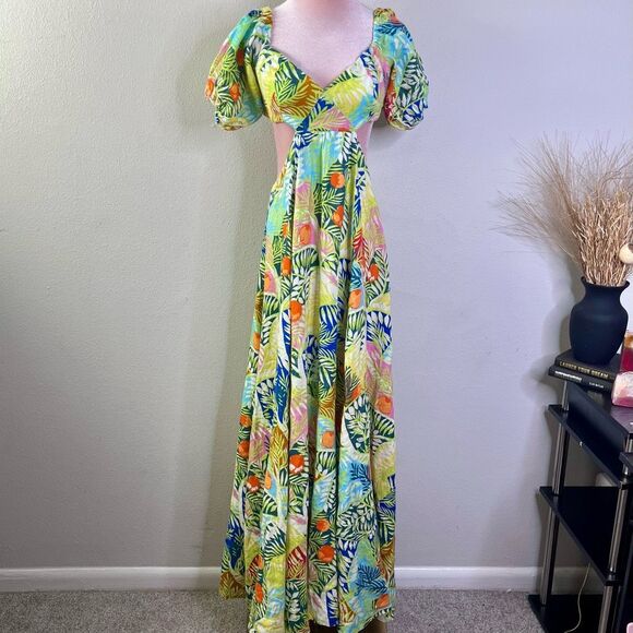 STAUD Dress Coliseum Tropical Printed Linen Cut Out Maxi Dress Multi Size 6 - Picture 2 of 13